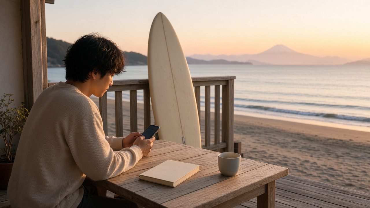 海を見ながらスマホを見る人。レベル、お気に入り、通知はマイページでまとめます。