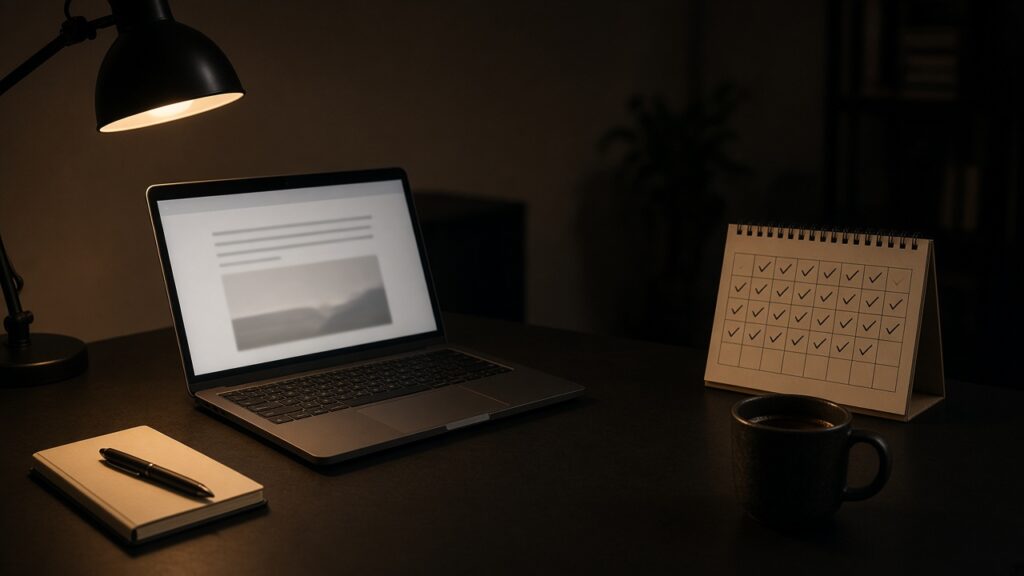 夜の机で、毎日の投稿が自動で増えていくノートPC