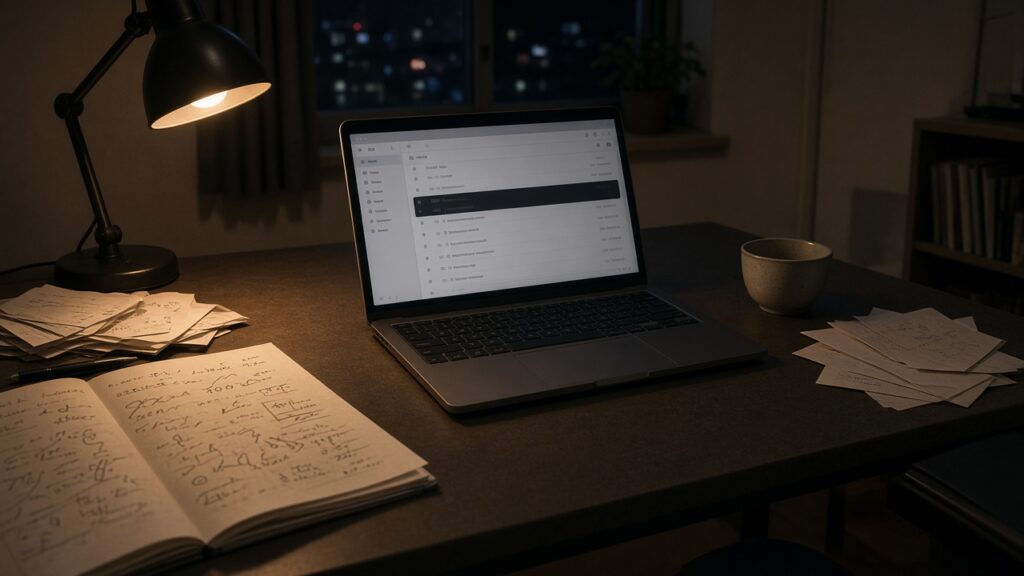 収益のメモが脇に置かれ、画面の中央には新しいメールが届いている夜の机