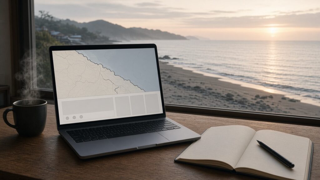 夜明けの海を窓に、未完成の予報画面が開いたノートPC