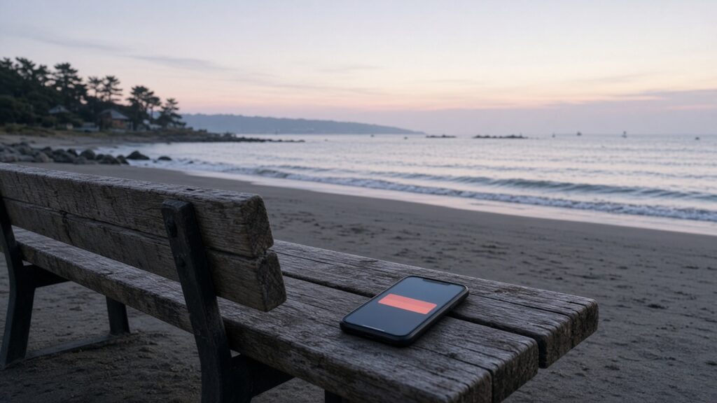 朝の砂浜のベンチに置かれたスマホへ、波の判定メールが届いている