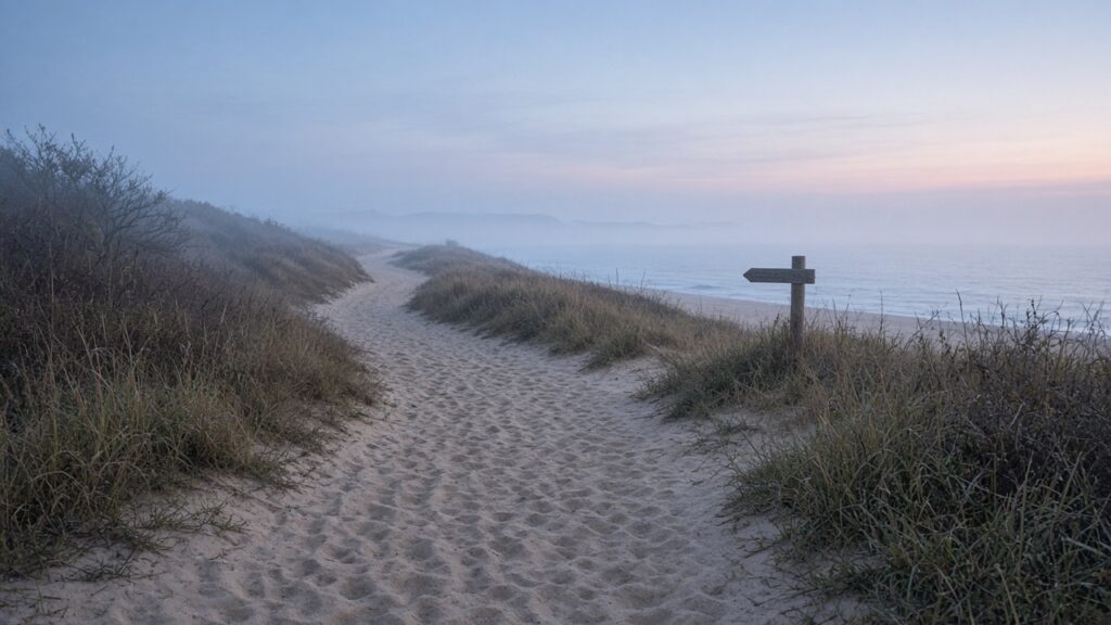 夜明けの砂浜に続く、まっすぐではない長い道