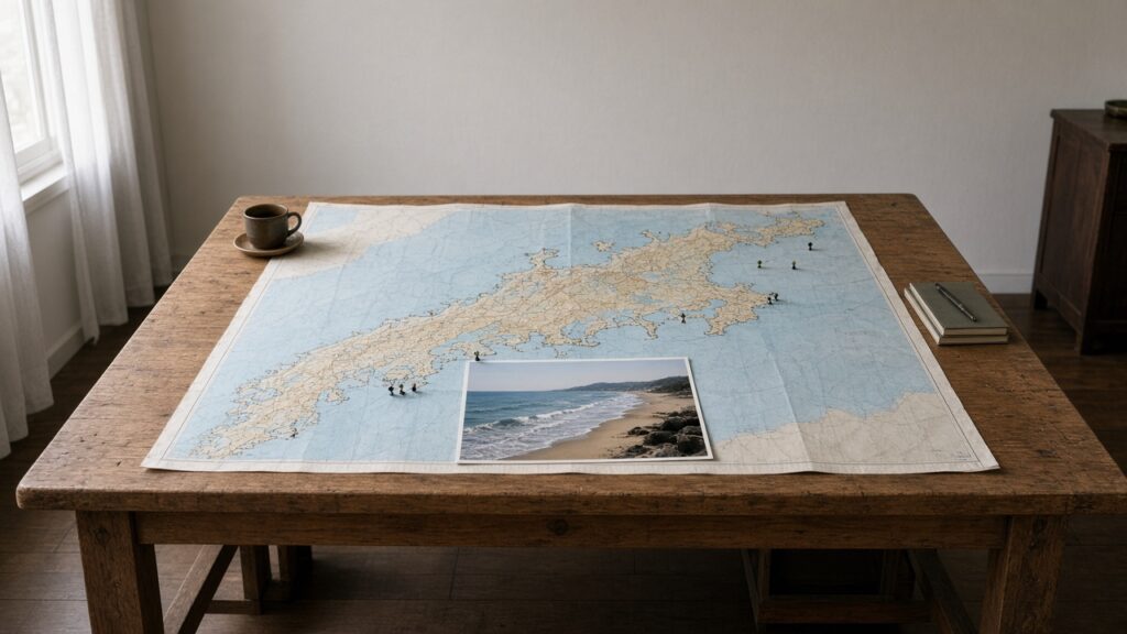 湘南から東へ、千葉と伊豆の海岸へピンが広がる日本地図