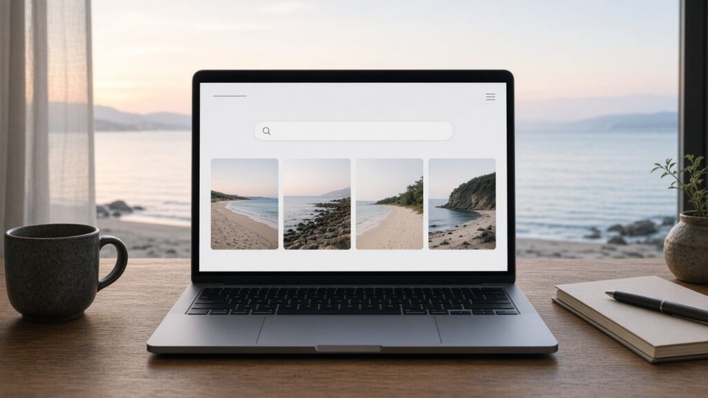 夜明けの海を窓に、検索が入口になったサイトの試作画面