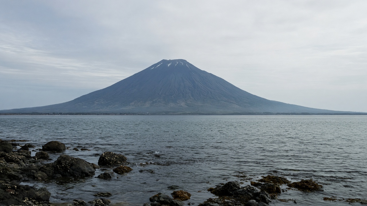 岩場の向こうに、利尻山が浮かぶ。