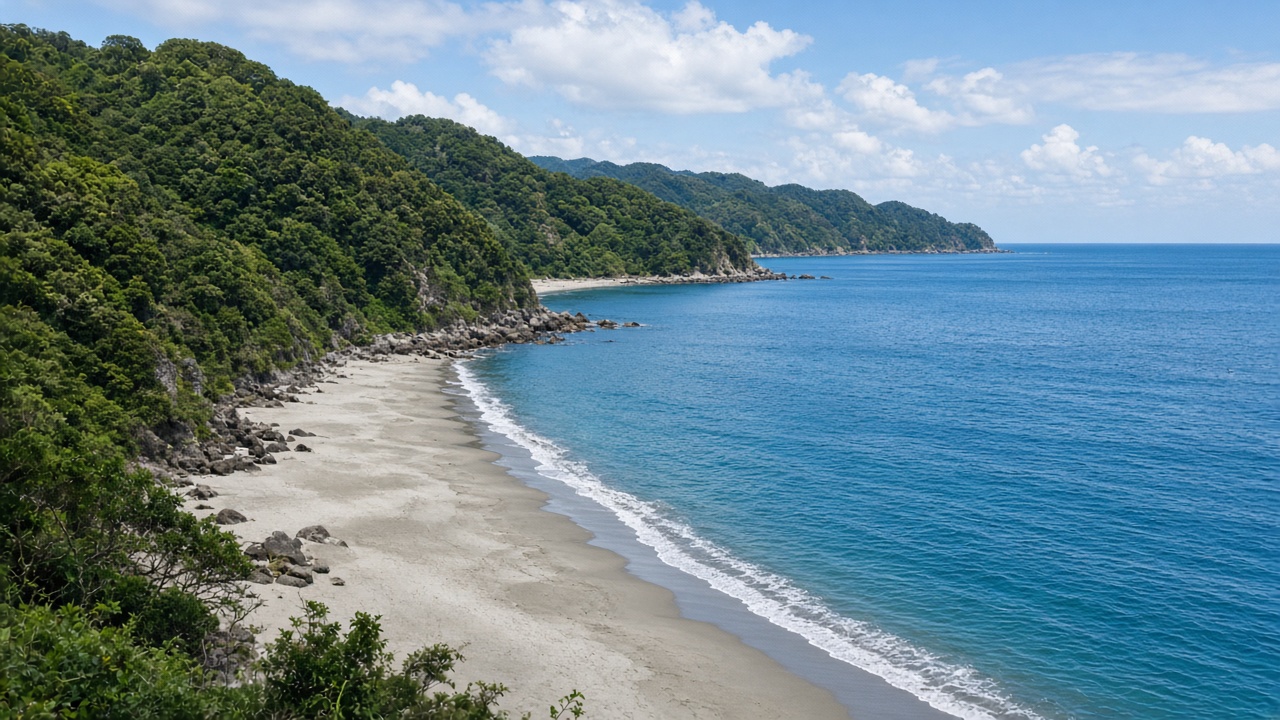緑の山が迫る、太平洋の砂浜。