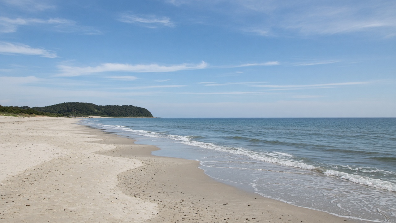 緑の岬まで続く、砂浜。