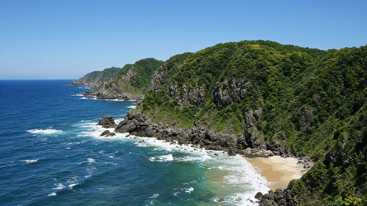 緑の崖が続く、太平洋の入江。
